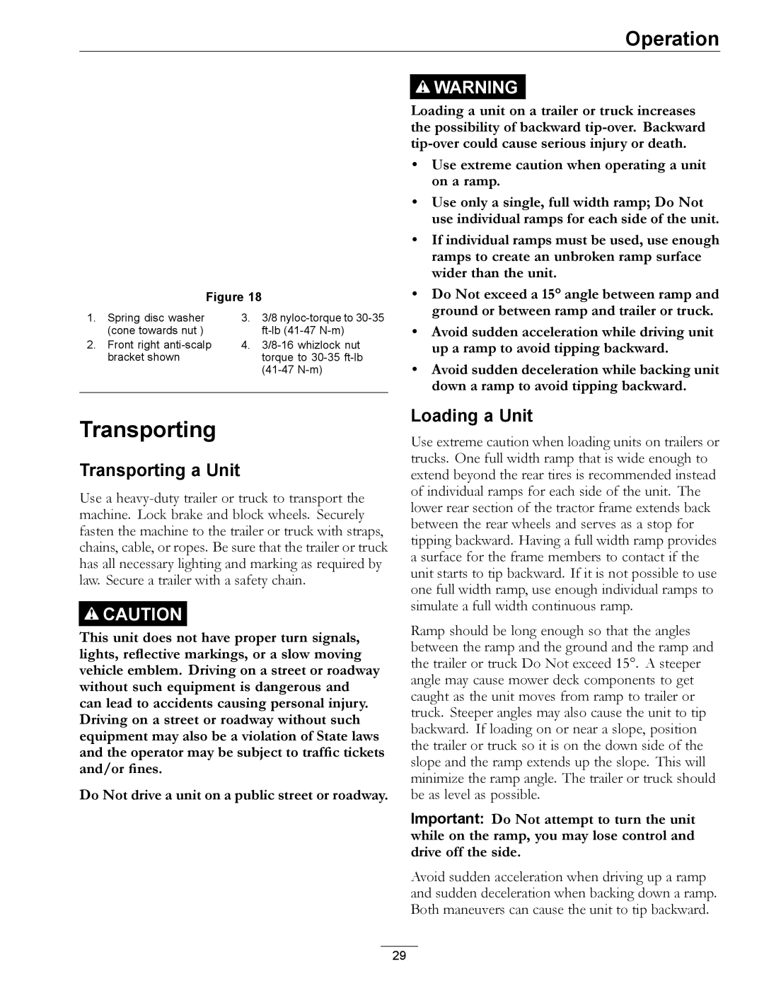 Exmark 920 manual Transporting a Unit, Loading a Unit 