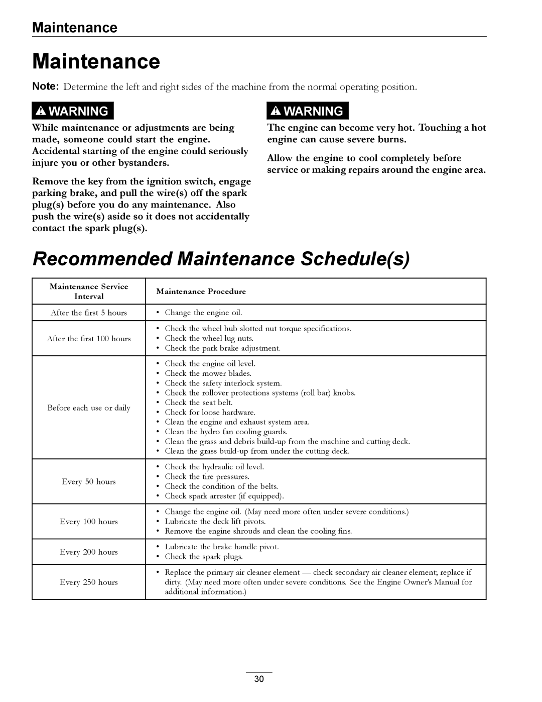 Exmark 920 manual Recommended Maintenance Schedules 