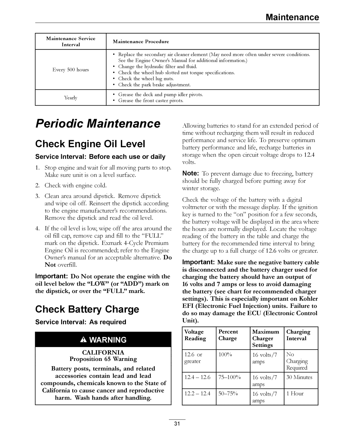 Exmark 920 manual Check Engine Oil Level, Check Battery Charge 