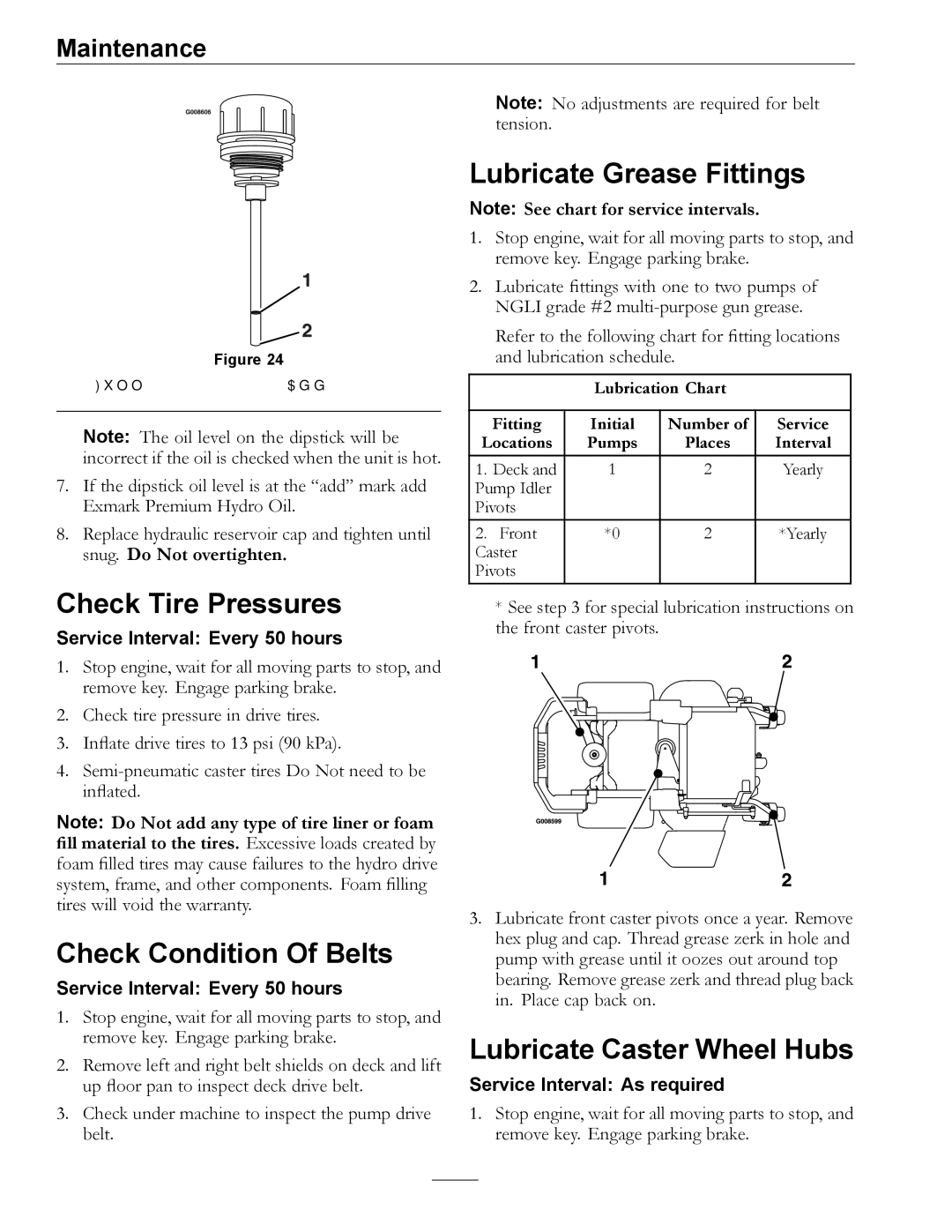 Exmark 920 manual Check Tire Pressures, Check Condition Of Belts, Lubricate Grease Fittings, Lubricate Caster Wheel Hubs 