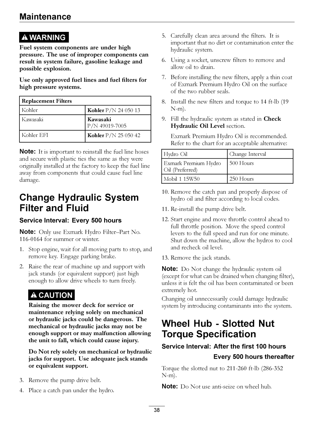 Exmark 920 manual Change Hydraulic System Filter and Fluid, Wheel Hub Slotted Nut Torque Specification 
