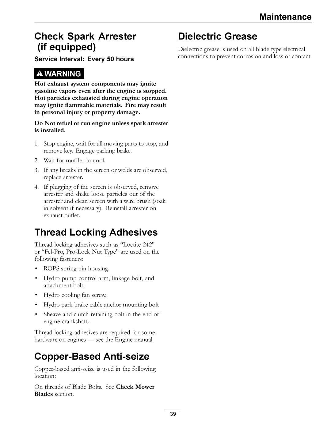 Exmark 920 manual Check Spark Arrester if equipped, Thread Locking Adhesives, Copper-Based Anti-seize, Dielectric Grease 