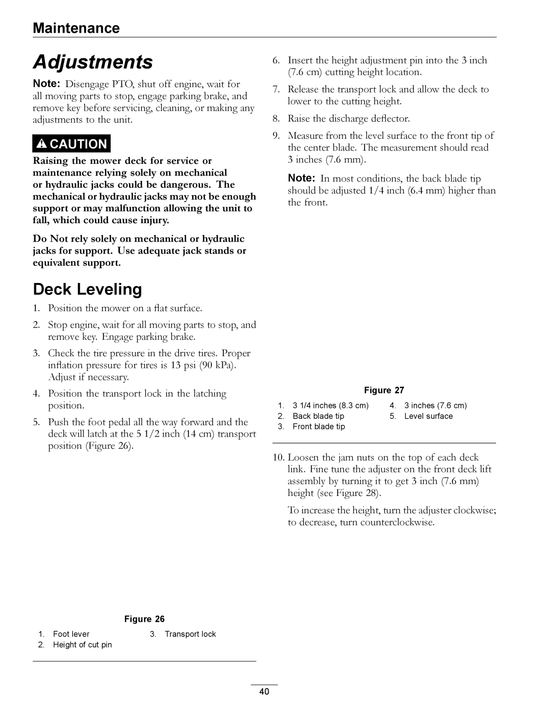 Exmark 920 manual Adjustments, Deck Leveling 