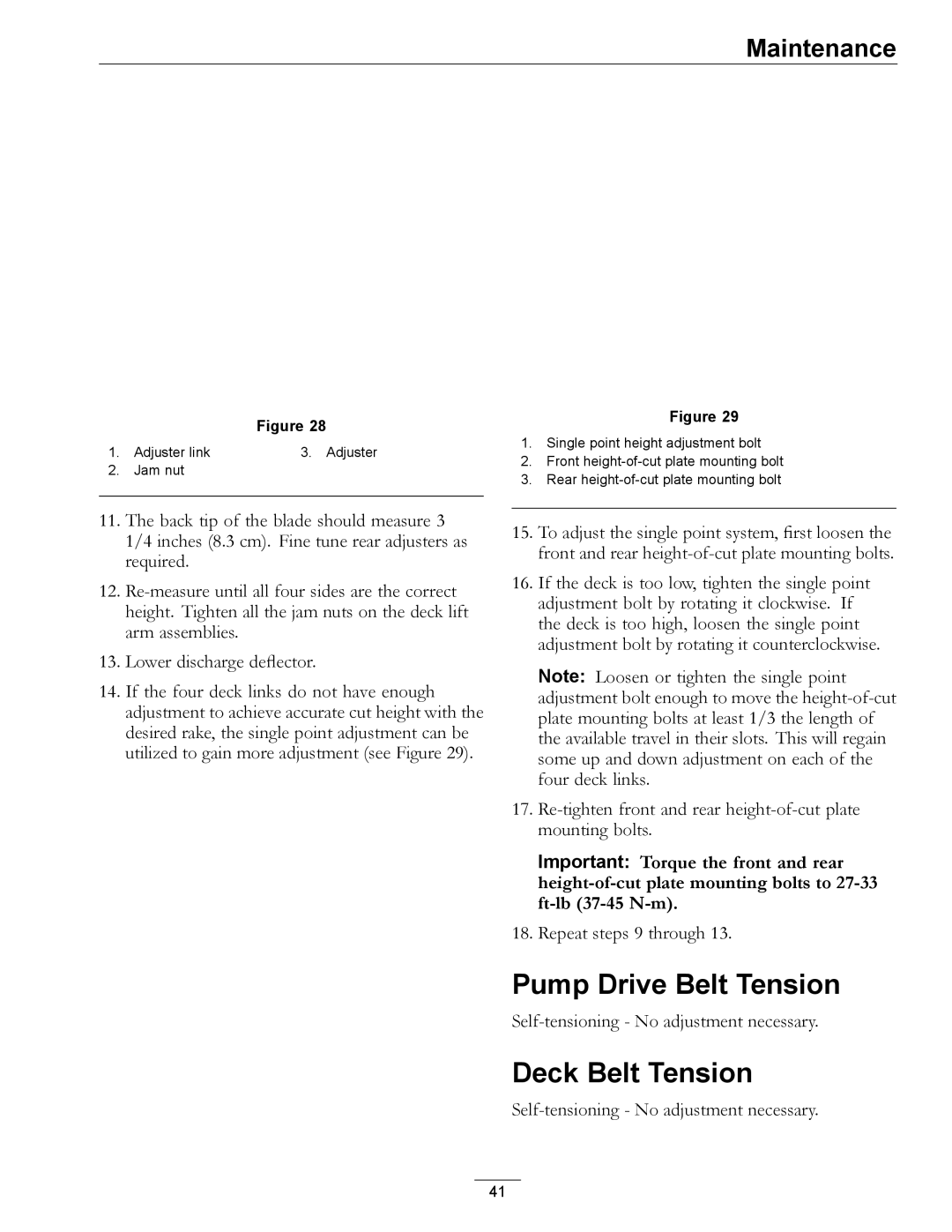 Exmark 920 manual Pump Drive Belt Tension, Deck Belt Tension 