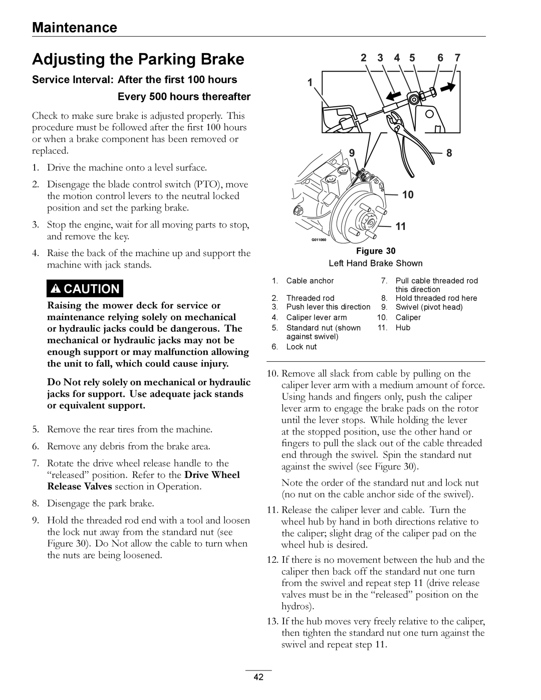 Exmark 920 manual Adjusting the Parking Brake, Left Hand Brake Shown 