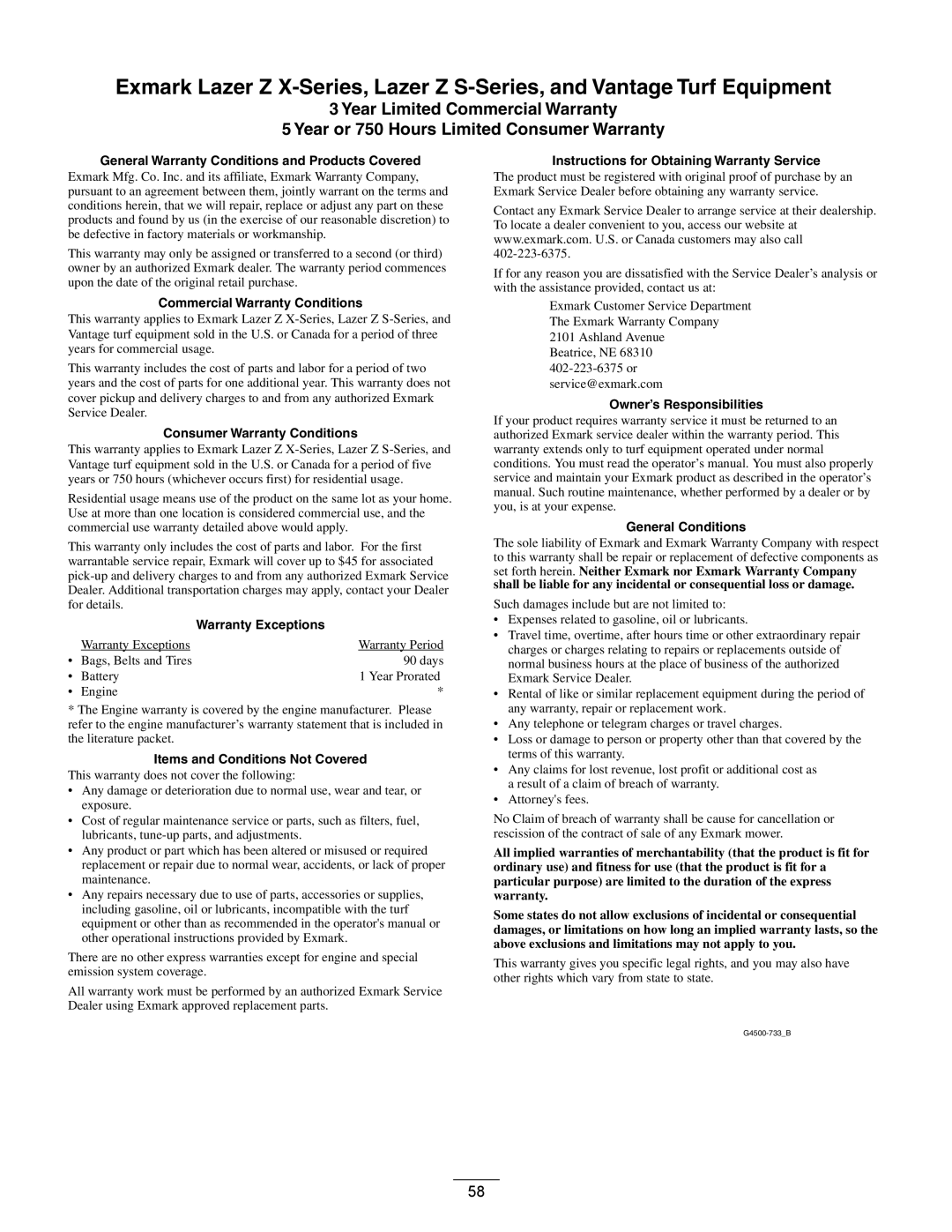 Exmark 920 manual General Warranty Conditions and Products Covered 