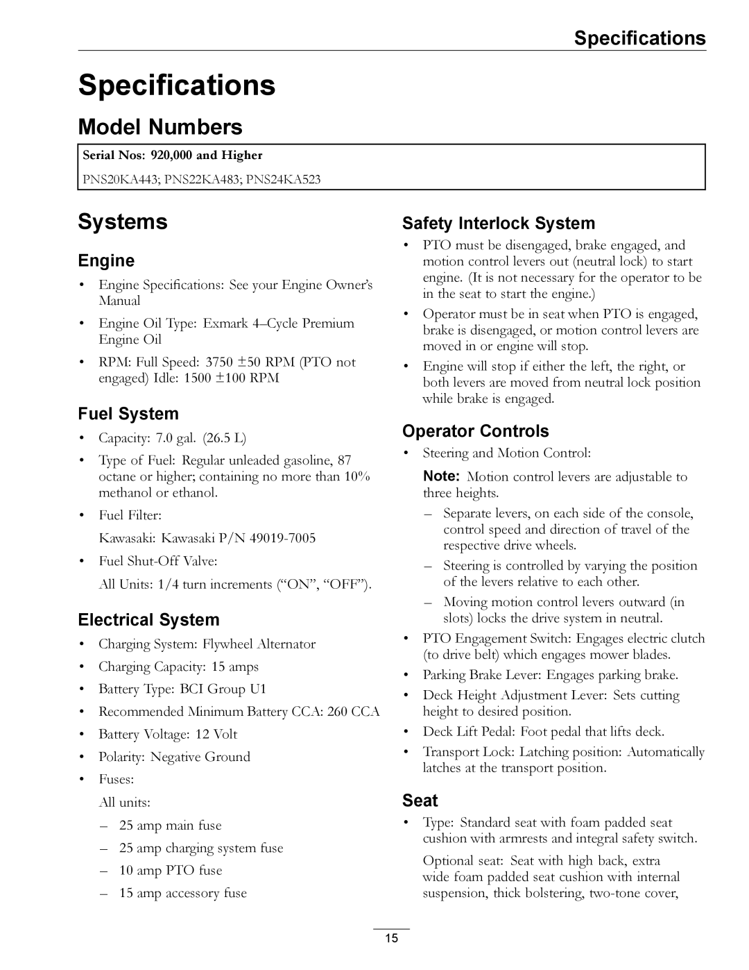 Exmark 920 manual Specifications, Model Numbers, Systems 