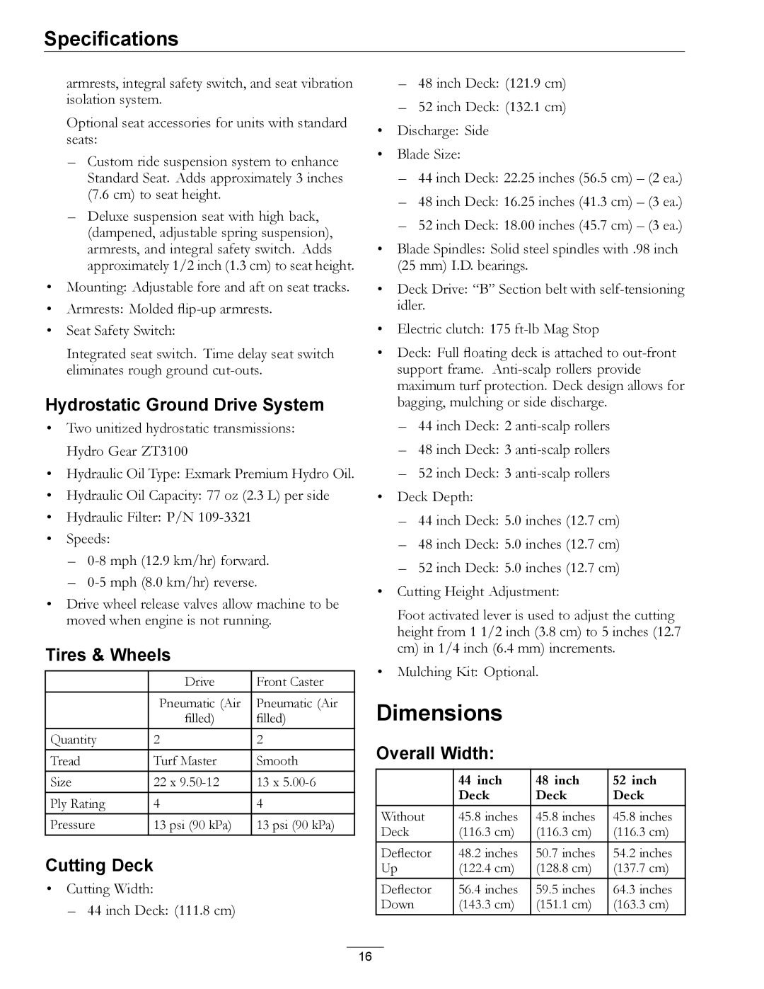 Exmark 920 manual Dimensions, Hydrostatic Ground Drive System, Tires & Wheels, Cutting Deck, Overall Width 