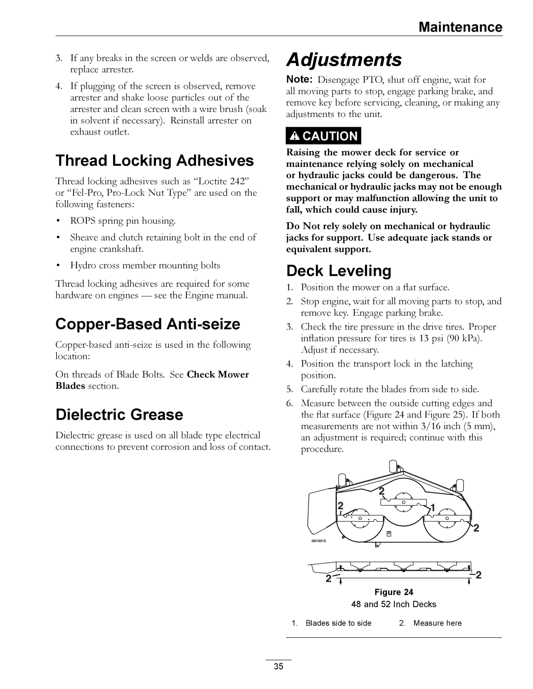 Exmark 920 manual Thread Locking Adhesives, Copper-Based Anti-seize, Dielectric Grease, Deck Leveling 