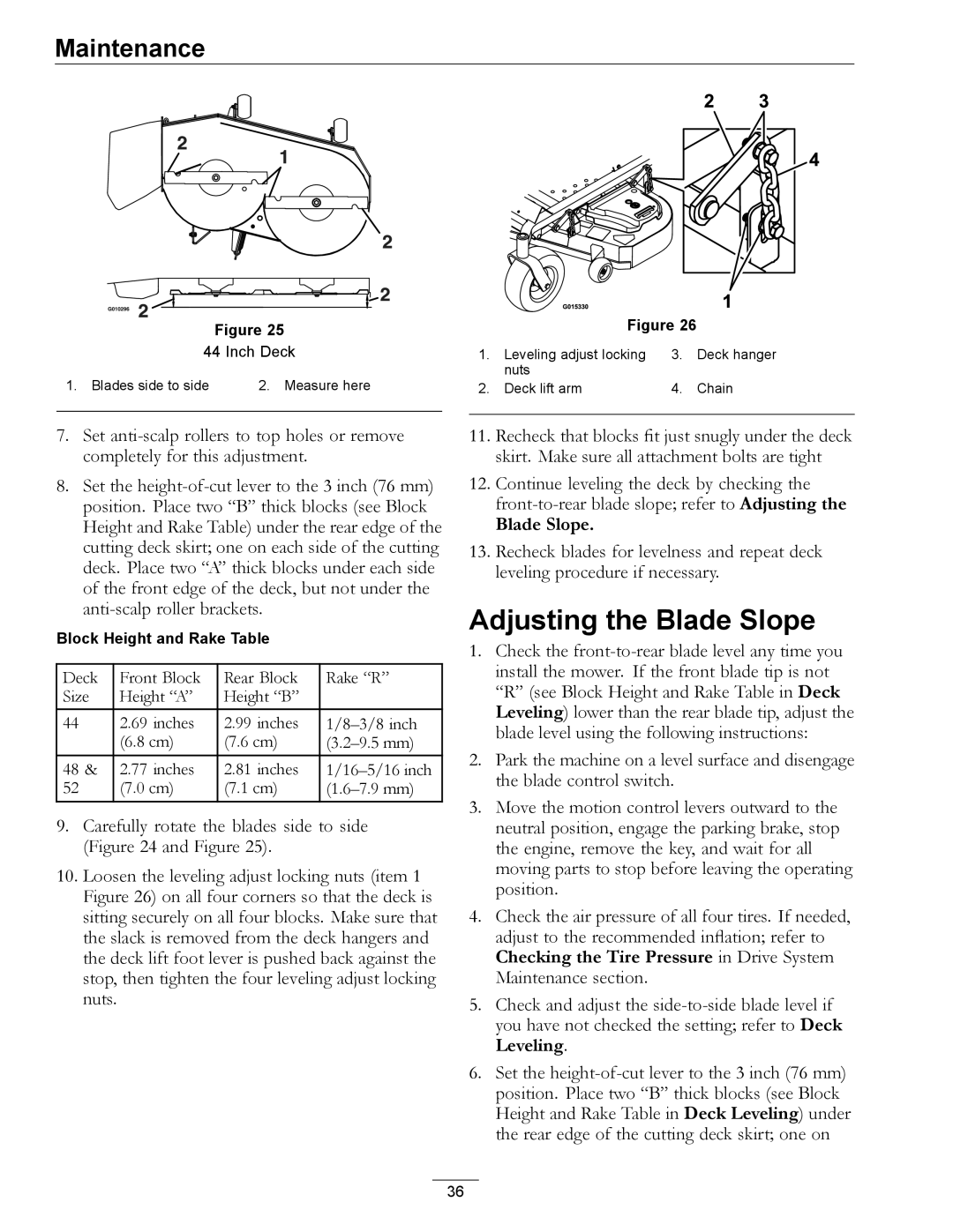 Exmark 920 manual Adjusting the Blade Slope, Inch Deck 