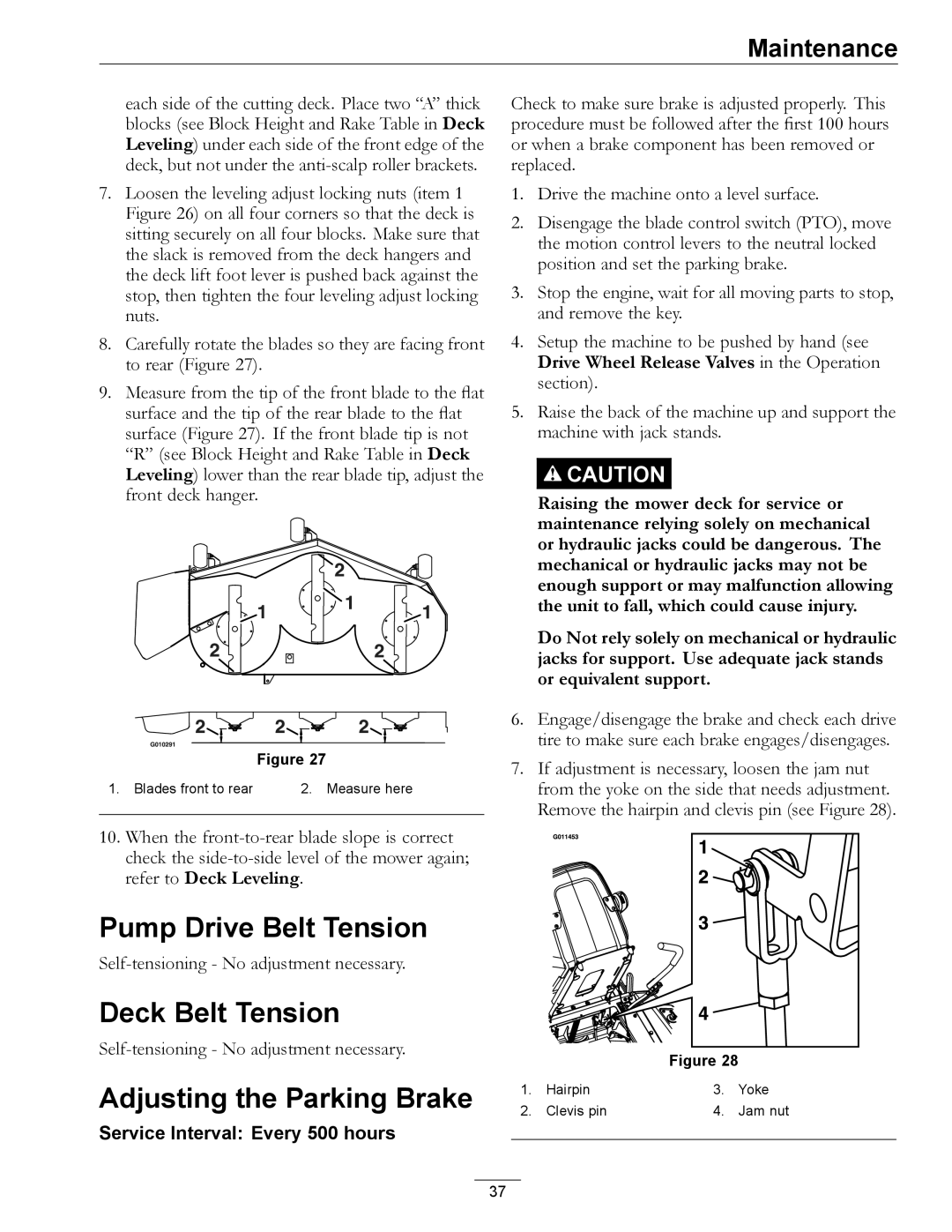 Exmark 920 manual Pump Drive Belt Tension, Deck Belt Tension, Adjusting the Parking Brake 