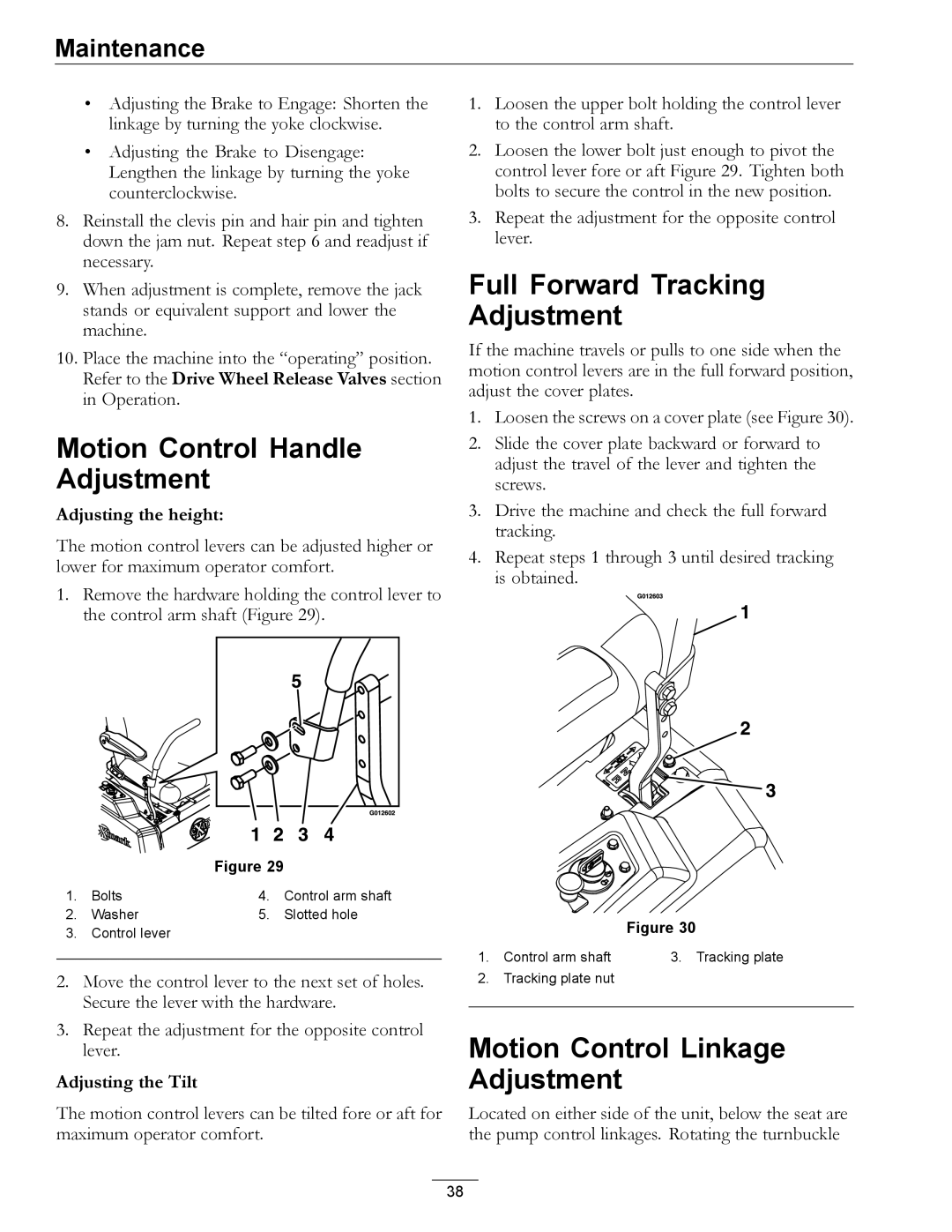 Exmark 920 manual Motion Control Handle Adjustment, Full Forward Tracking Adjustment, Motion Control Linkage Adjustment 