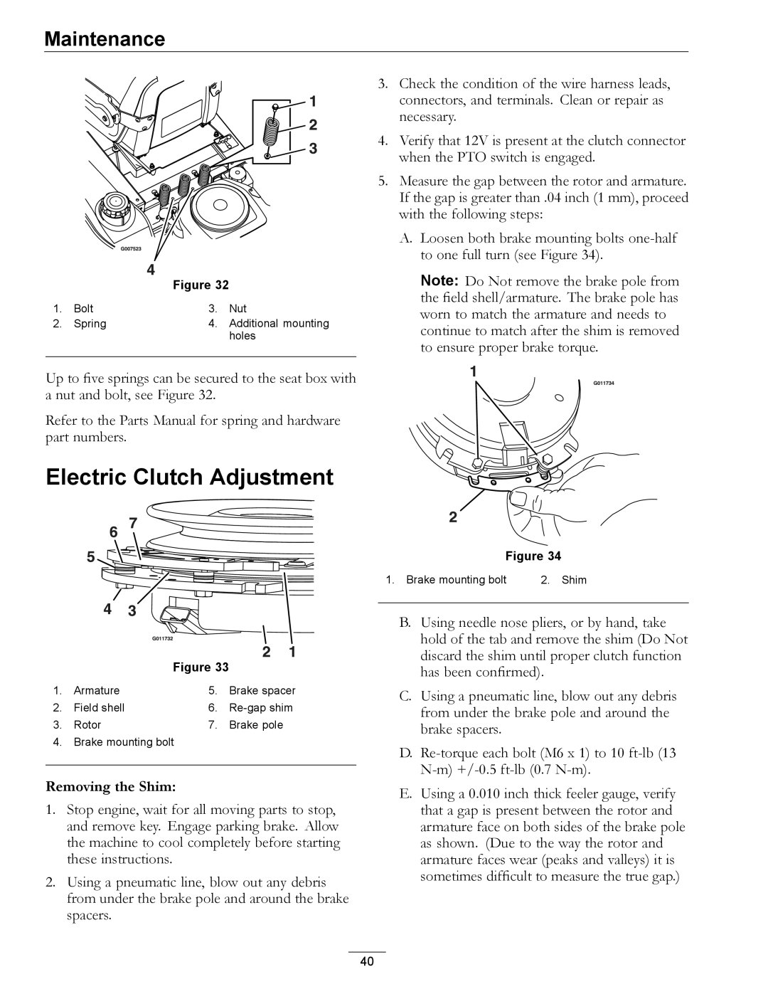 Exmark 920 manual Electric Clutch Adjustment, Removing the Shim 