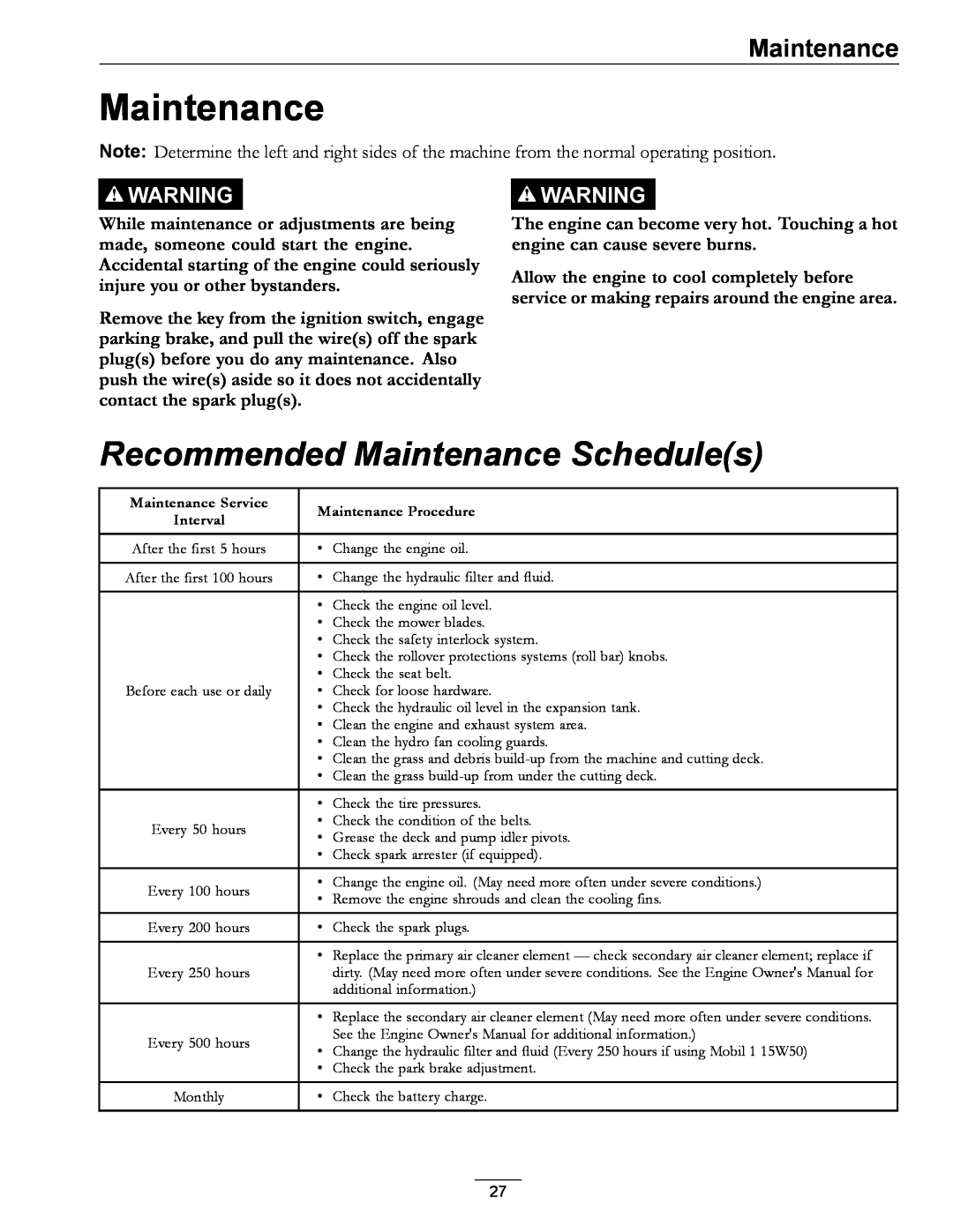 Exmark 920 manual Recommended Maintenance Schedules 