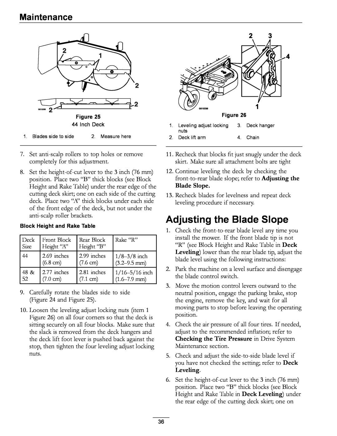 Exmark 920 manual Adjusting the Blade Slope, Maintenance 