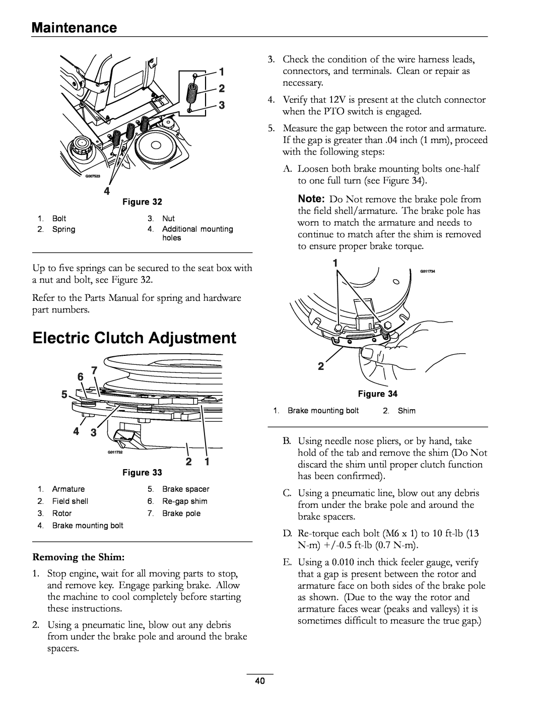 Exmark 920 manual Electric Clutch Adjustment, Removing the Shim, Maintenance 
