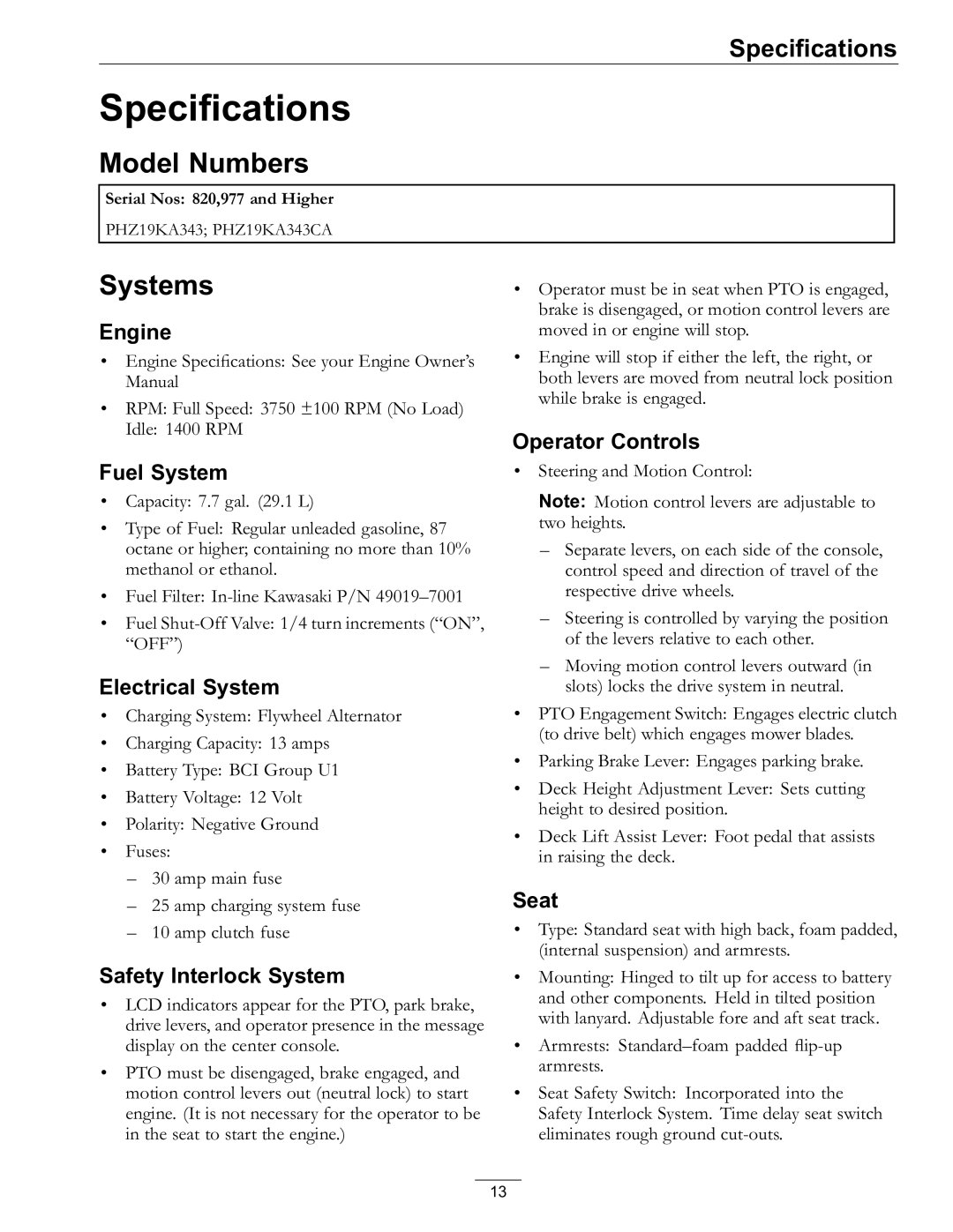 Exmark 820, 977 manual Specifications, Model Numbers, Systems 