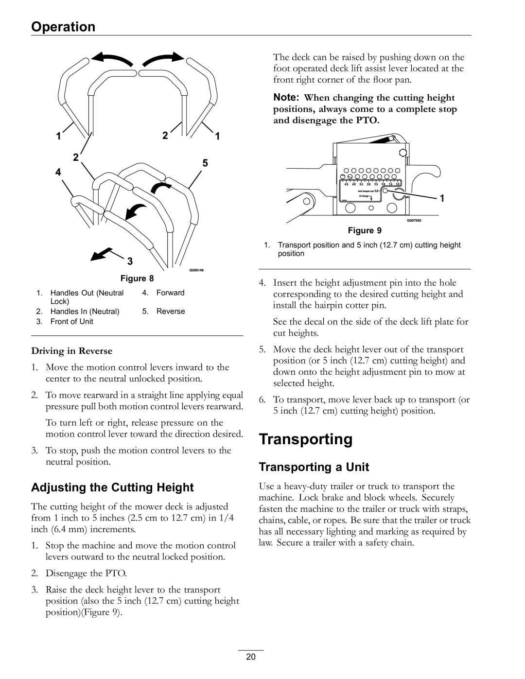 Exmark 977, 820 manual Adjusting the Cutting Height, Transporting a Unit 