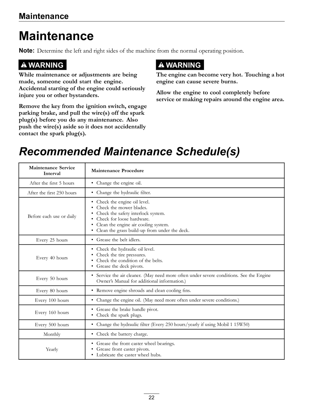 Exmark 977, 820 manual Recommended Maintenance Schedules 