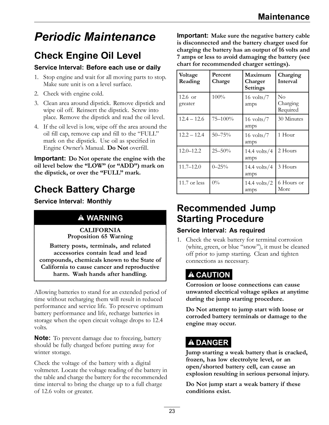 Exmark 820, 977 manual Check Engine Oil Level, Check Battery Charge, Recommended Jump Starting Procedure 