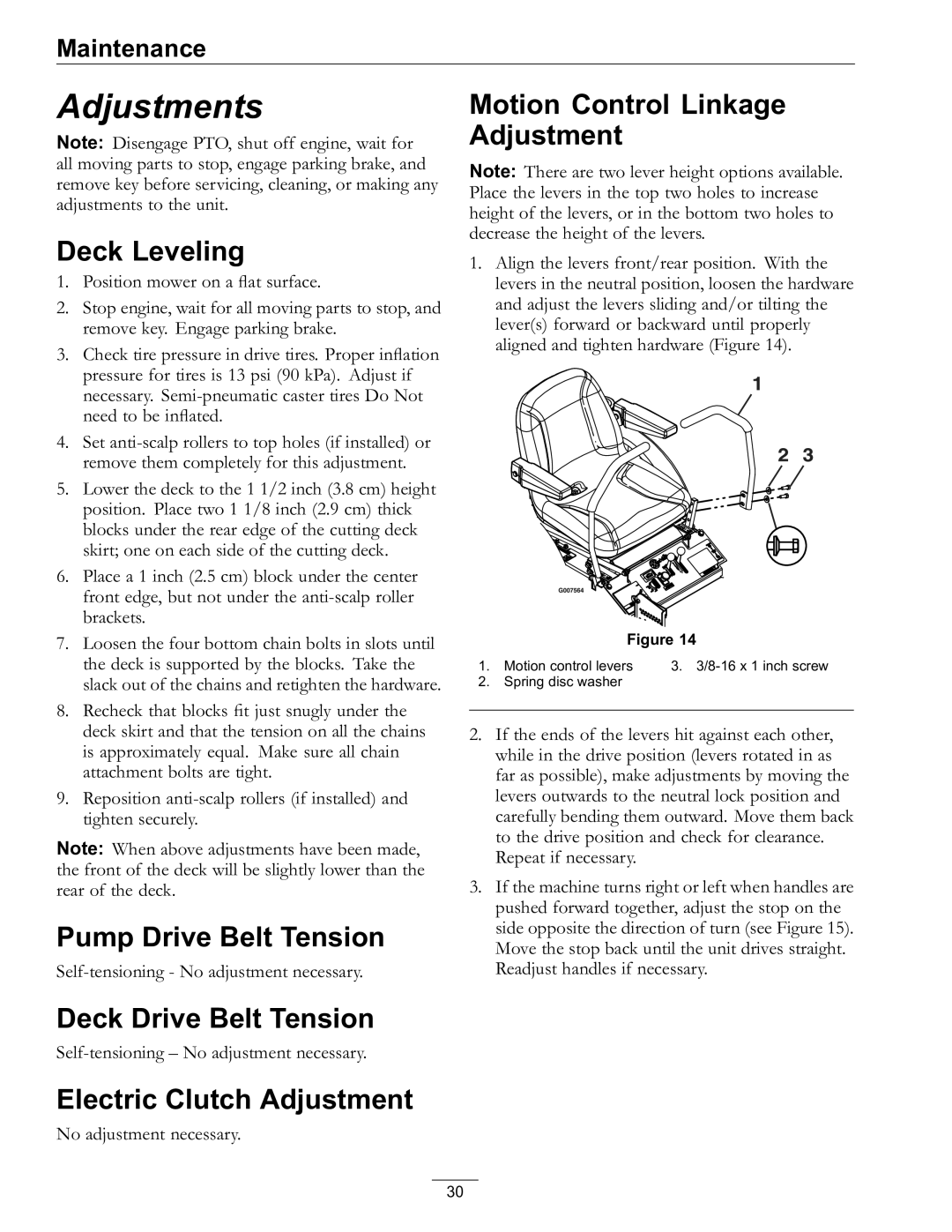 Exmark 977, 820 manual Deck Leveling, Pump Drive Belt Tension, Deck Drive Belt Tension, Electric Clutch Adjustment 