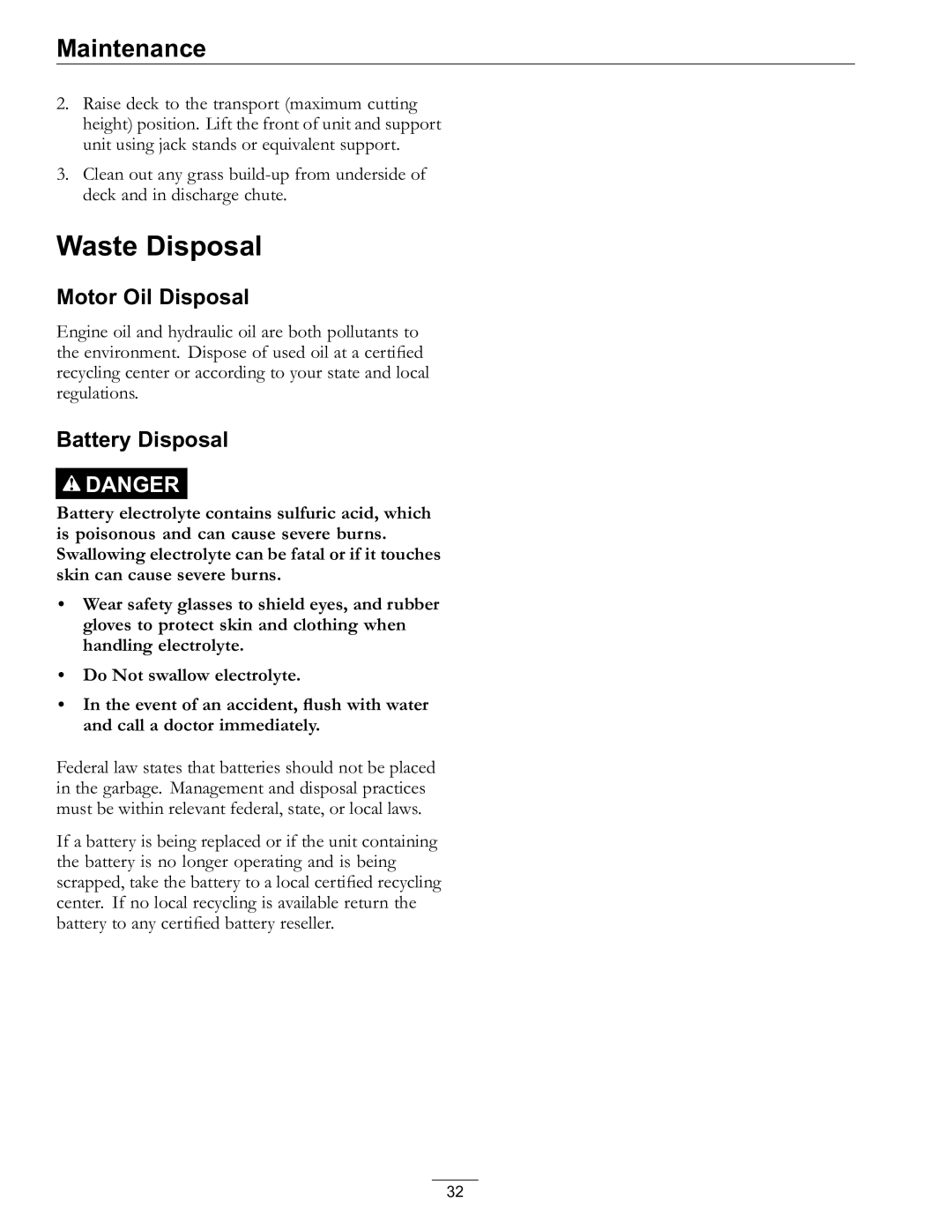 Exmark 977, 820 manual Waste Disposal, Motor Oil Disposal, Battery Disposal 