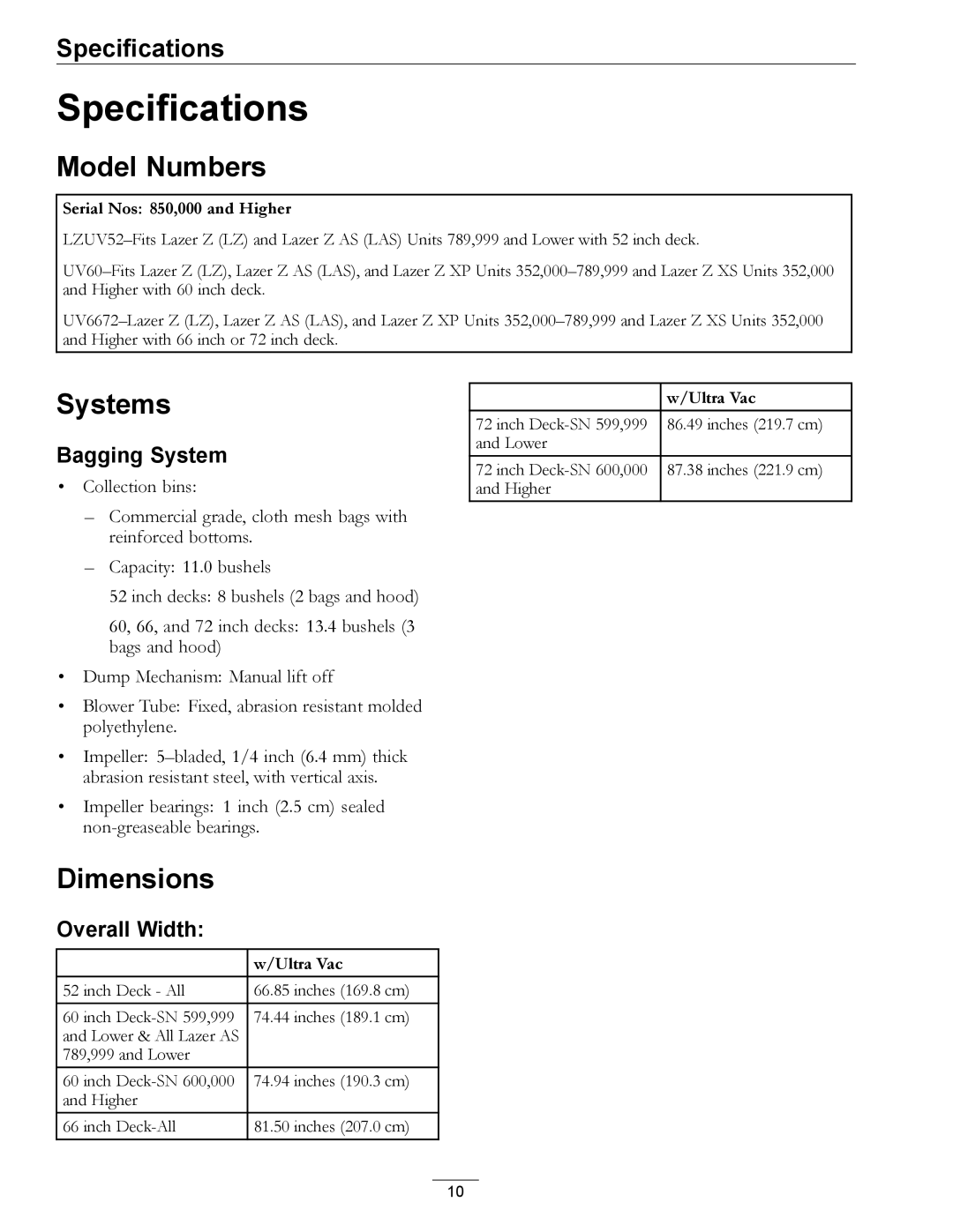 Exmark AS, XP manual Specifications, Model Numbers, Systems, Dimensions 