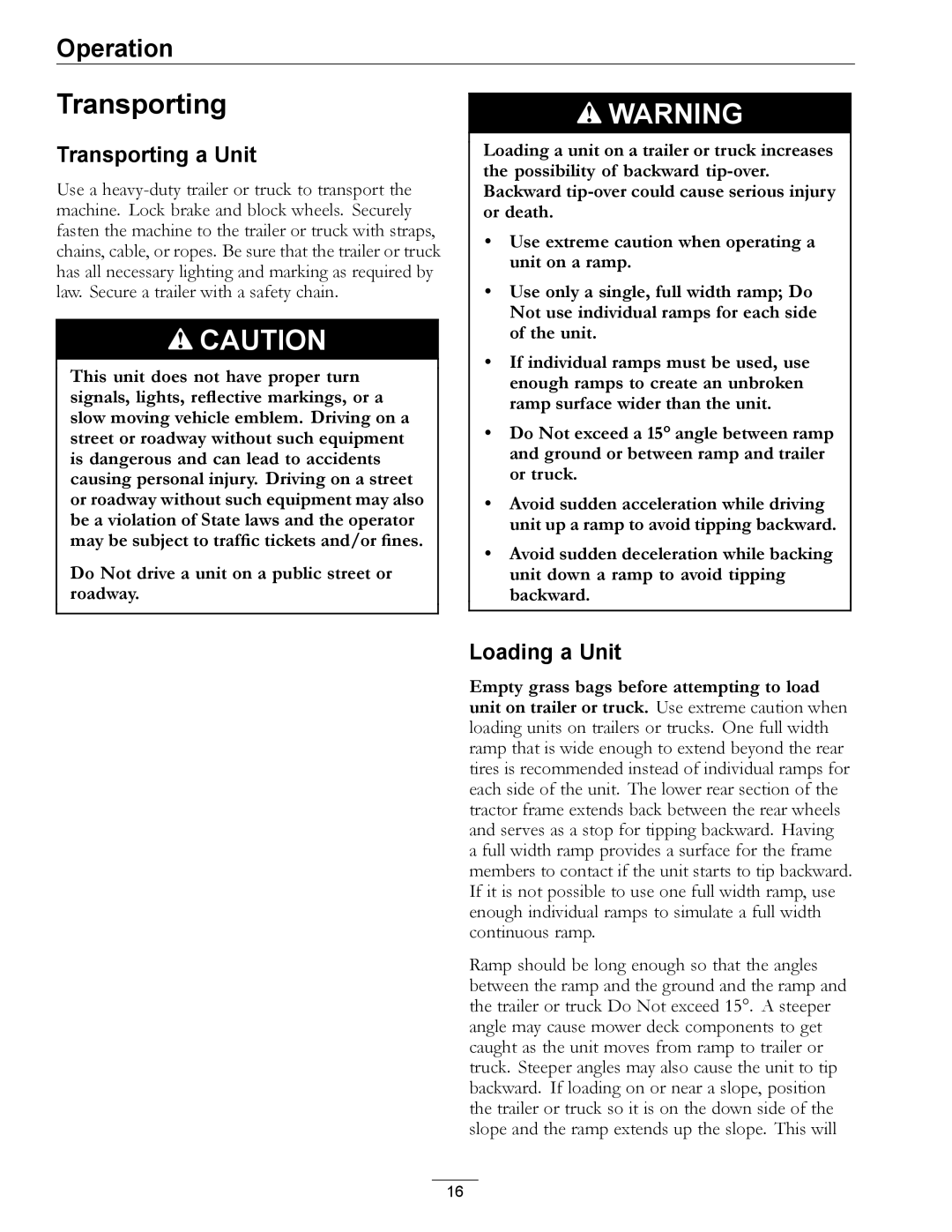 Exmark AS, XP manual Transporting a Unit, Loading a Unit 