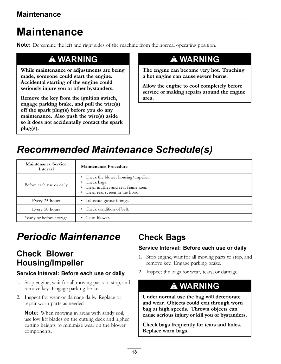 Exmark AS, XP manual Maintenance, Check Blower Housing/Impeller, Check Bags 