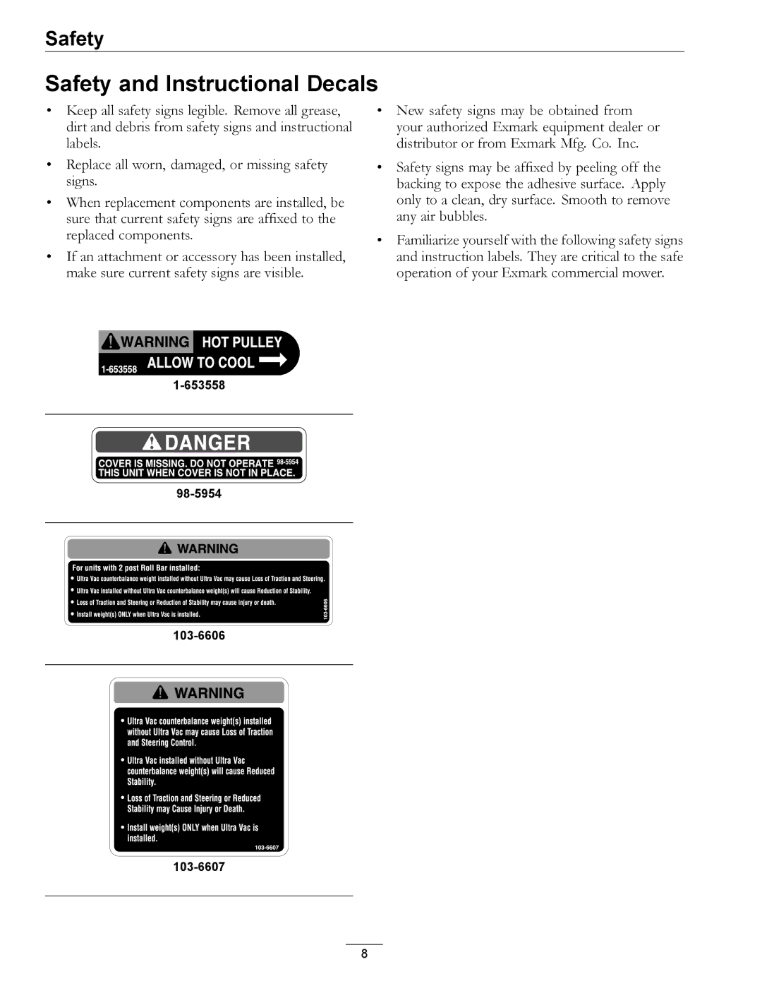 Exmark AS, XP manual Safety and Instructional Decals 