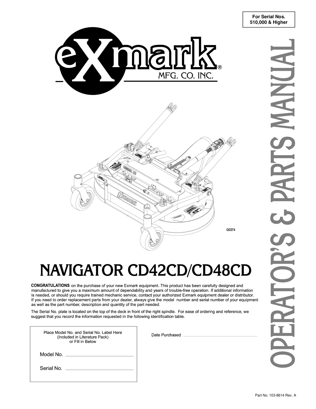 Exmark CD42CD, Cd42cd, Cd48cd manual For Serial Nos 510,000 & Higher 