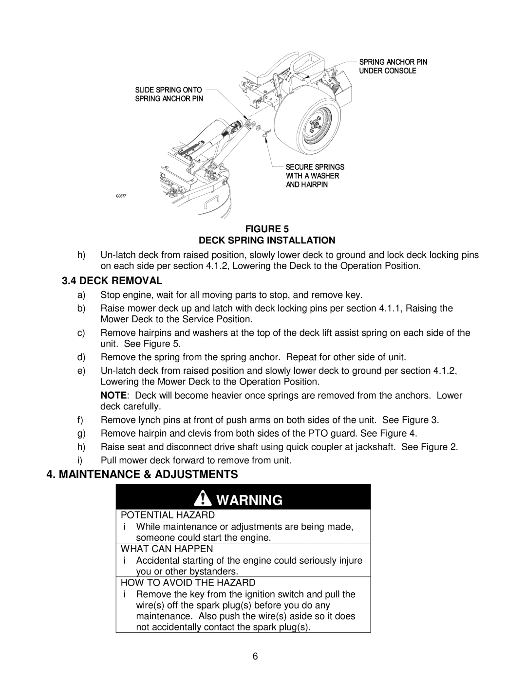 Exmark CD42CD, Cd42cd, Cd48cd manual Maintenance & Adjustments, Deck Removal, Deck Spring Installation 