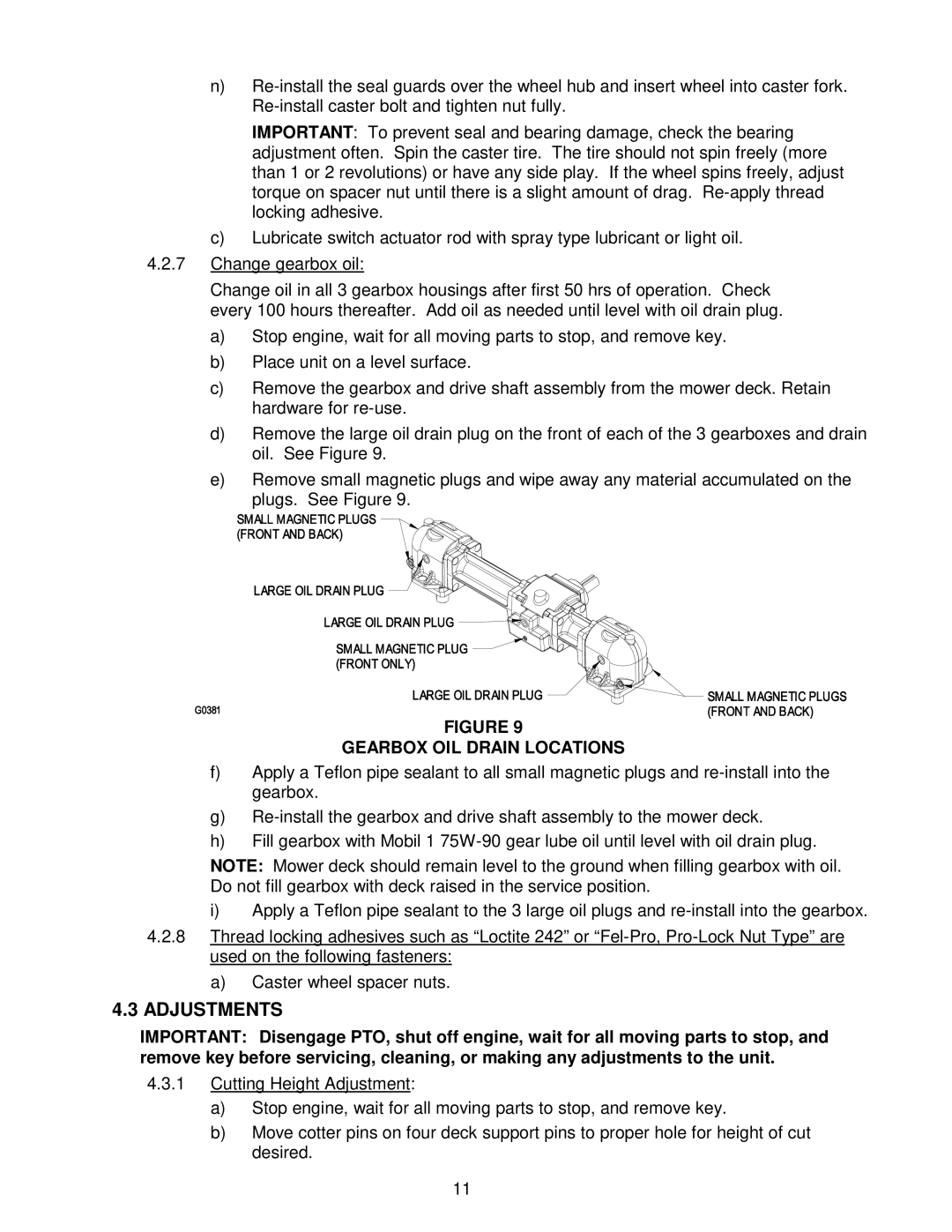 Exmark Cd42cd, Cd48cd, CD42CD manual Adjustments, Gearbox OIL Drain Locations 