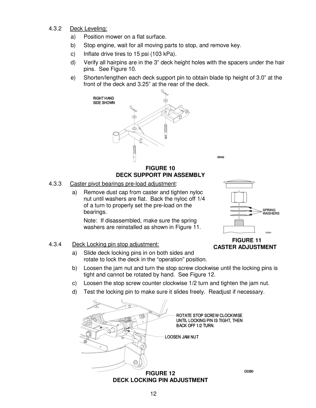 Exmark CD42CD, Cd42cd, Cd48cd manual Deck Support PIN Assembly, Caster Adjustment, Deck Locking PIN Adjustment 