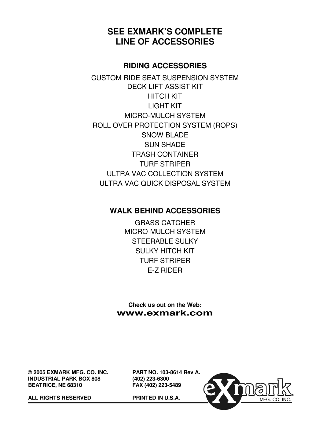 Exmark Cd42cd, Cd48cd, CD42CD manual Riding Accessories, Walk Behind Accessories 