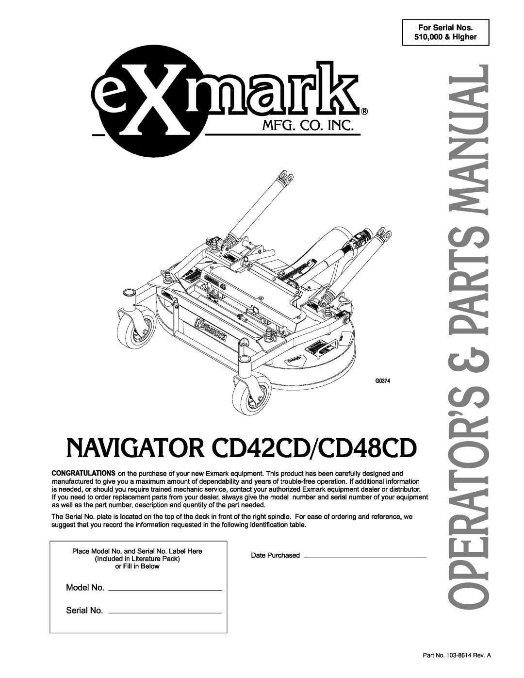Exmark CD42CD, Cd42cd, Cd48cd manual For Serial Nos 510,000 & Higher, Part No. 103-8614 Rev. A 