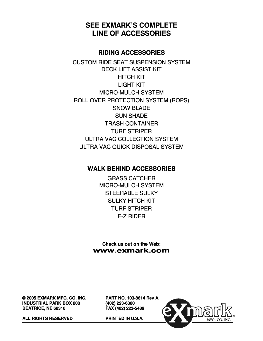 Exmark Cd42cd, Cd48cd, CD42CD manual Riding Accessories, Walk Behind Accessories, See Exmark’S Complete Line Of Accessories 
