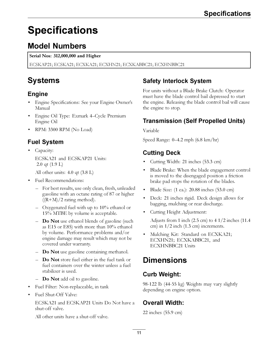 Exmark COMMERCIAL 21 manual Specifications, Model Numbers, Systems, Dimensions 