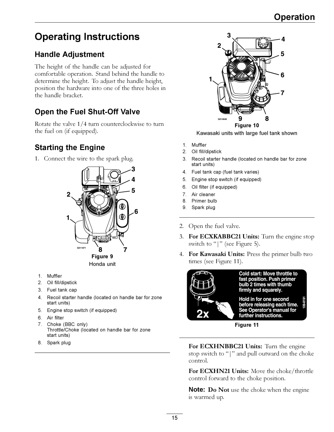 Exmark COMMERCIAL 21 manual Operating Instructions, Handle Adjustment, Open the Fuel Shut-Off Valve, Starting the Engine 