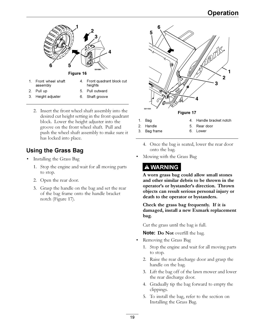 Exmark COMMERCIAL 21 manual Using the Grass Bag 