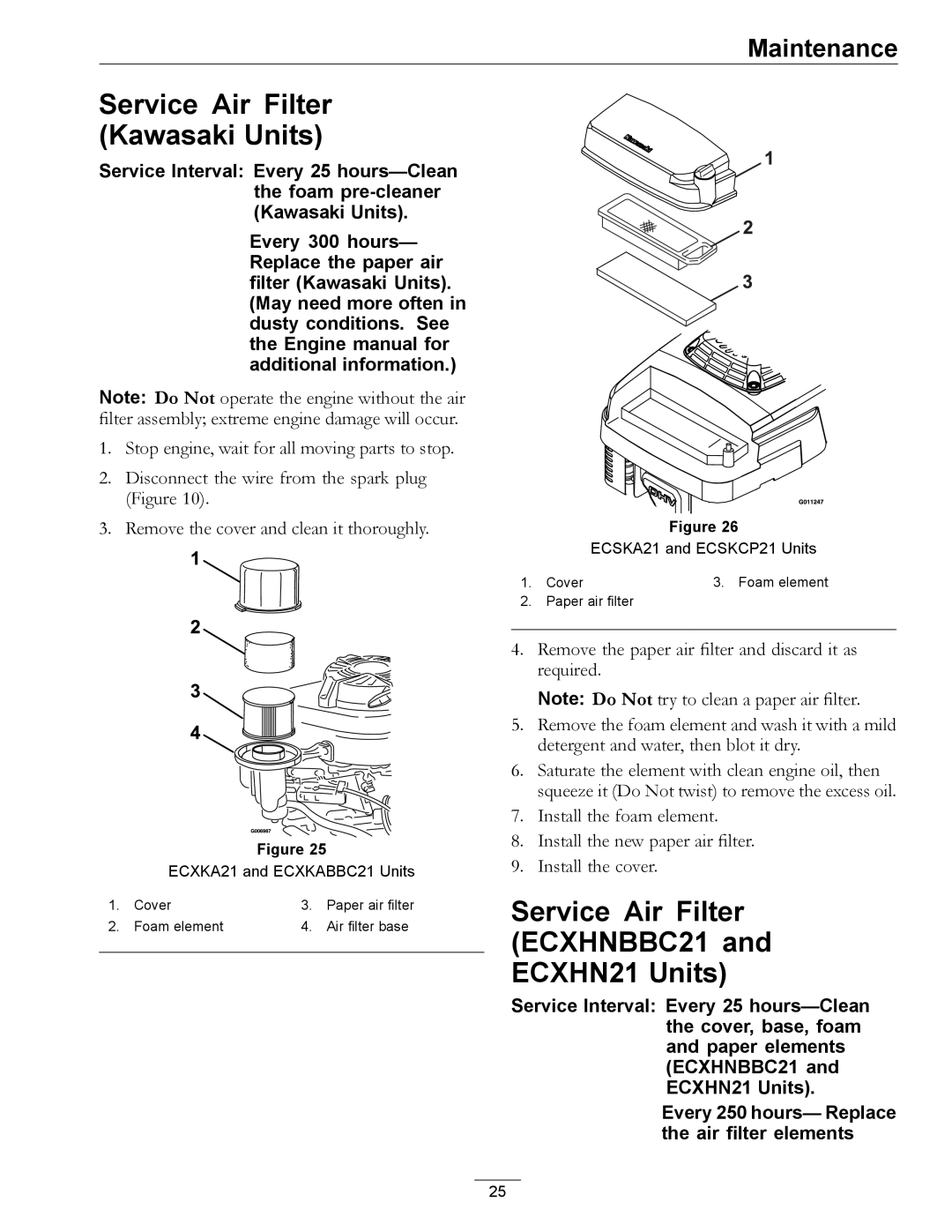 Exmark COMMERCIAL 21 manual Service Air Filter Kawasaki Units, Service Air Filter ECXHNBBC21 and ECXHN21 Units 