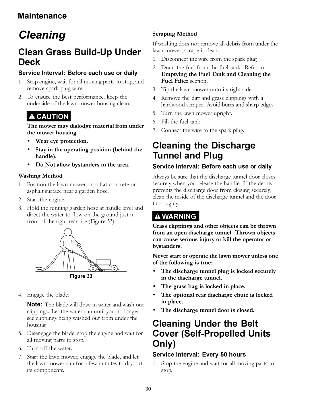 Exmark COMMERCIAL 21 manual Clean Grass Build-Up Under Deck, Cleaning the Discharge Tunnel and Plug 