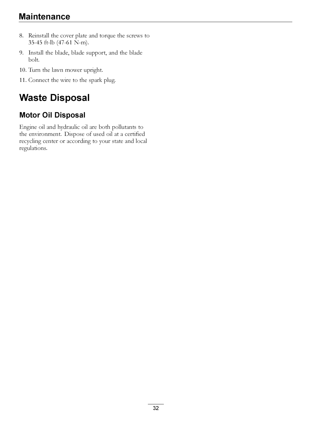 Exmark COMMERCIAL 21 manual Waste Disposal, Motor Oil Disposal 