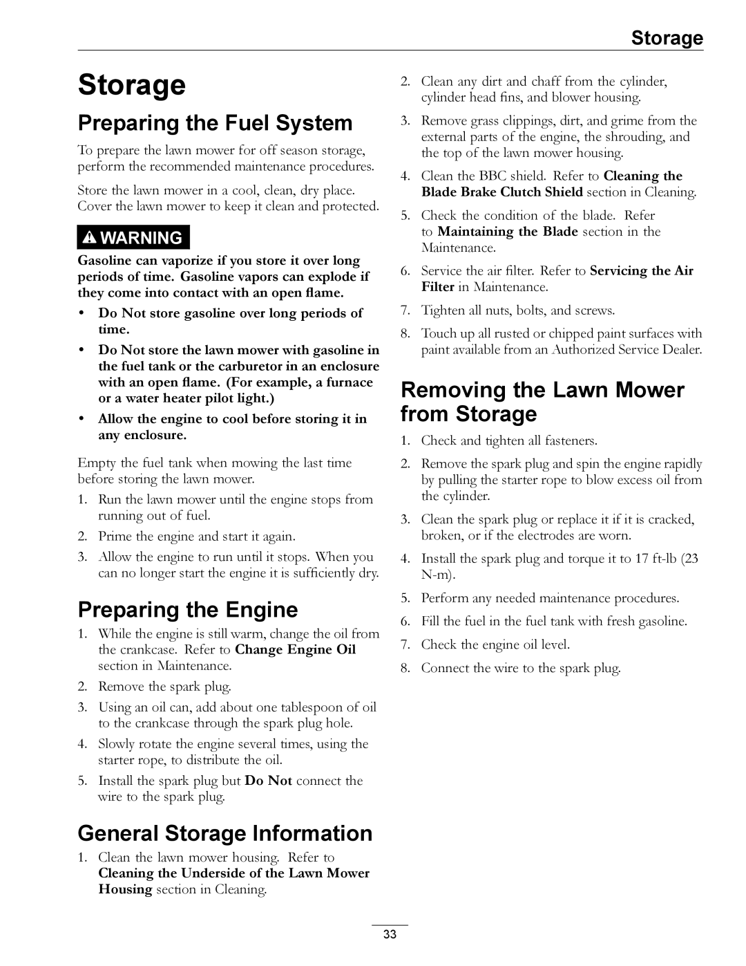 Exmark COMMERCIAL 21 manual Preparing the Fuel System, Preparing the Engine, General Storage Information 