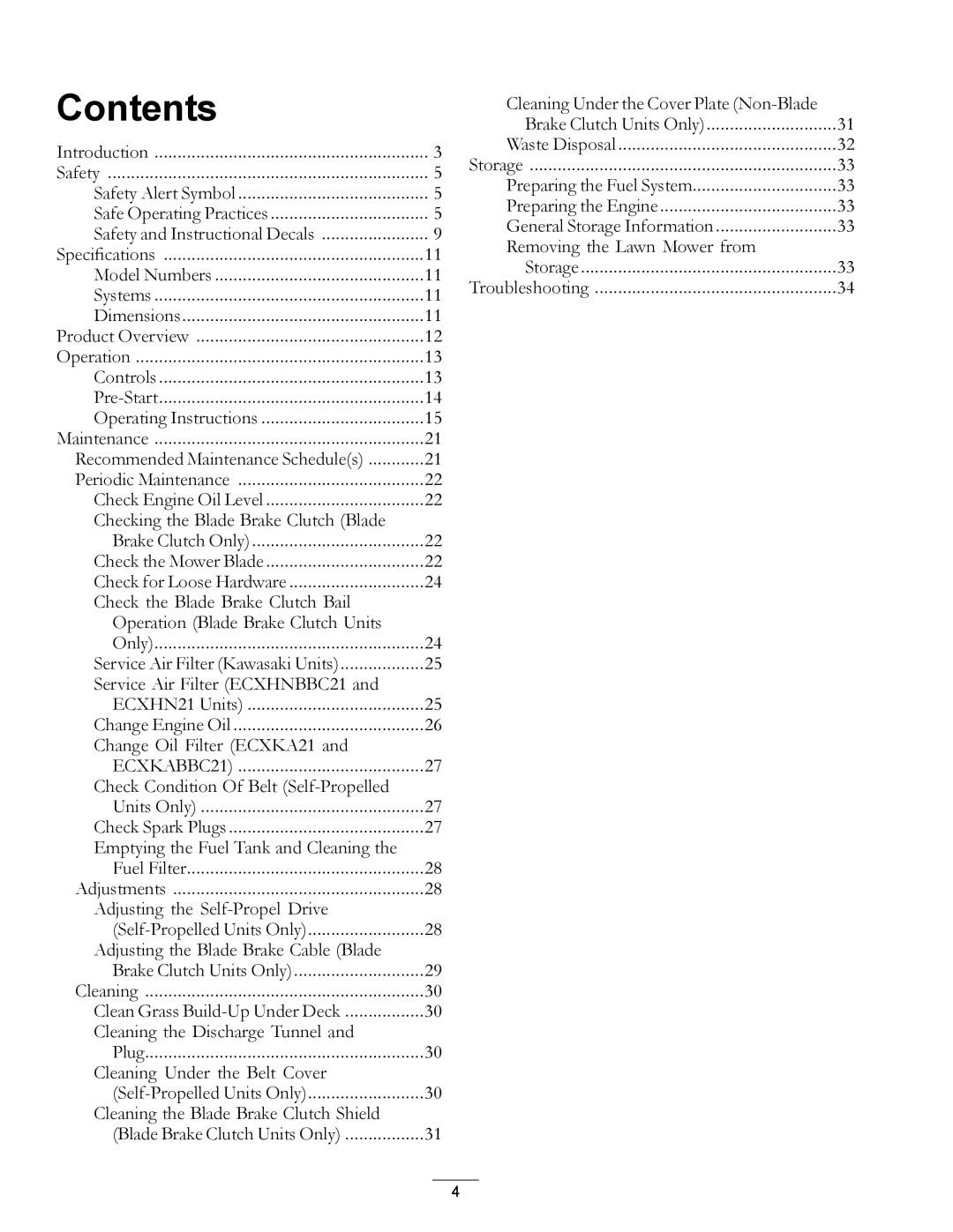 Exmark COMMERCIAL 21 manual Contents 