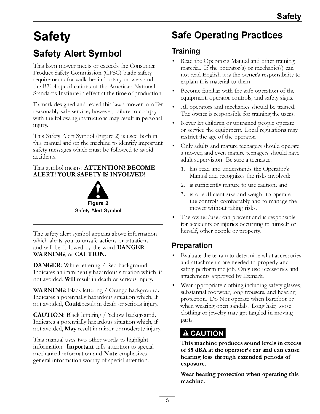 Exmark COMMERCIAL 21 manual Safety Alert Symbol, Safe Operating Practices, Training, Preparation 