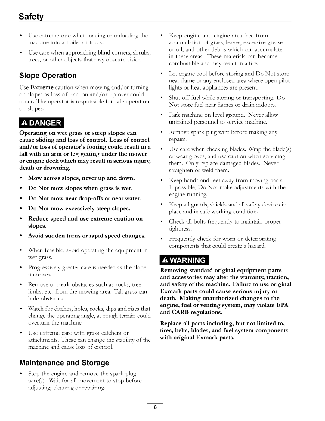 Exmark COMMERCIAL 21 manual Slope Operation, Maintenance and Storage 