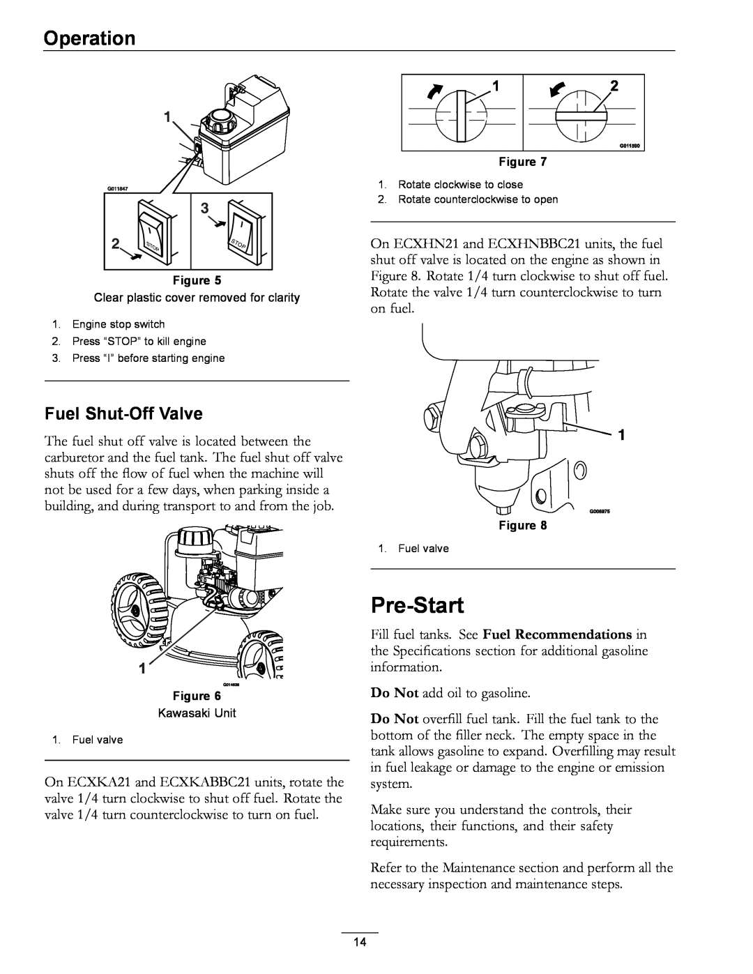 Exmark COMMERCIAL 21 manual Pre-Start, Fuel Shut-Off Valve, Operation 