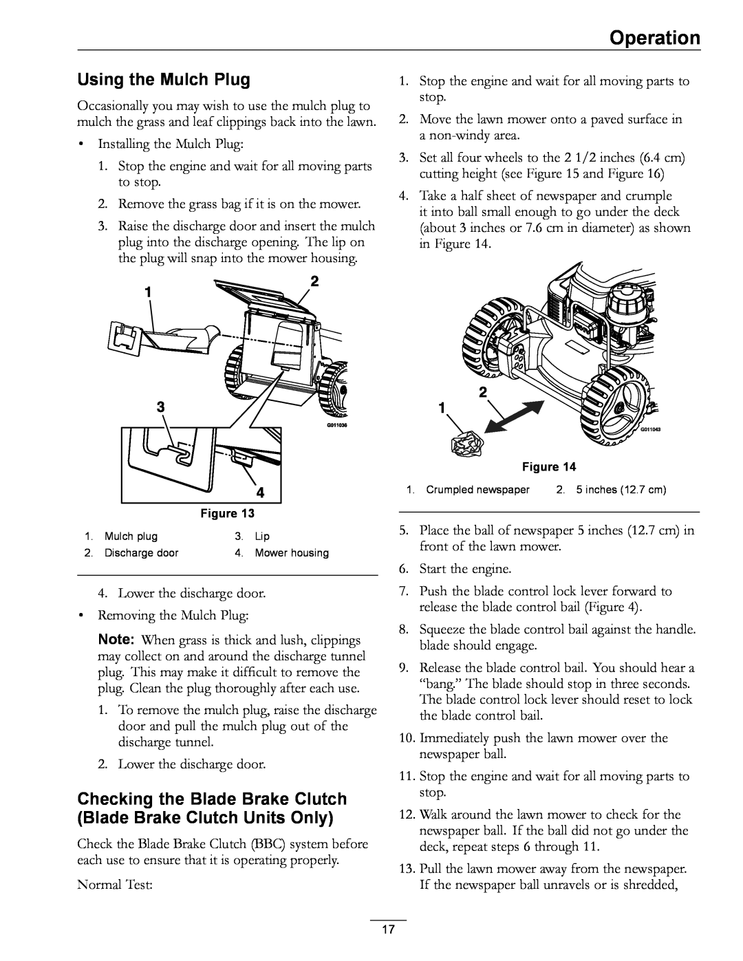 Exmark COMMERCIAL 21 manual Using the Mulch Plug, Checking the Blade Brake Clutch Blade Brake Clutch Units Only, Operation 