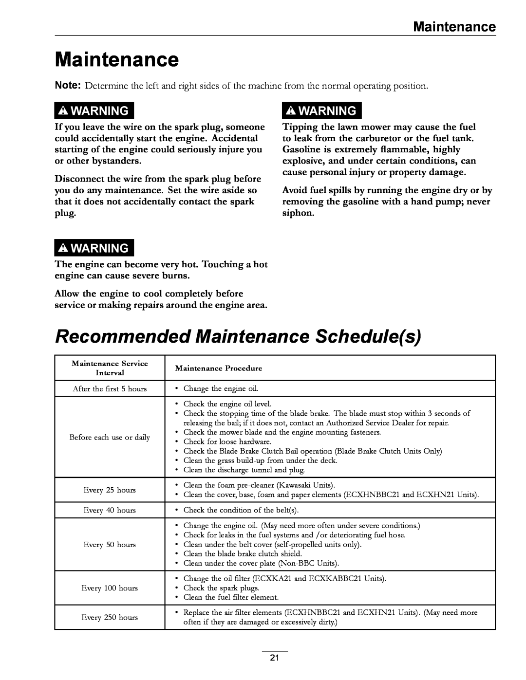 Exmark COMMERCIAL 21 manual Recommended Maintenance Schedules 